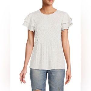 ADRIANNA PAPELL Dot Print Pleated Knit Top, size M